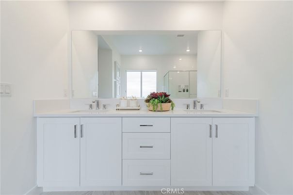 Bathroom, Dual Sink Vanities, Interior, Recessed Lighting, Wood Texture Flooring
