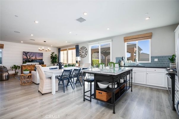 Dining room, Interior, Living room, Pendant Lights, Recessed Lighting, Wood Texture Flooring