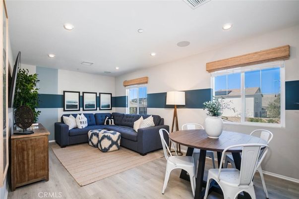 Dining room, Interior, Living room, Recessed Lighting, Wood Texture Flooring