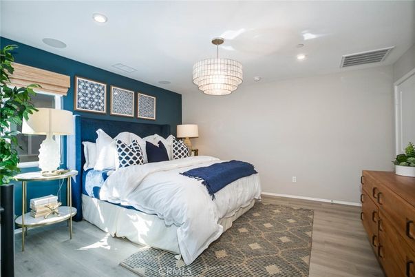 Bedroom, Chandelier, Interior, Recessed Lighting, Wood Texture Flooring