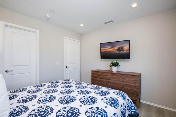 Bedroom, Interior, Recessed Lighting, Wood Texture Flooring