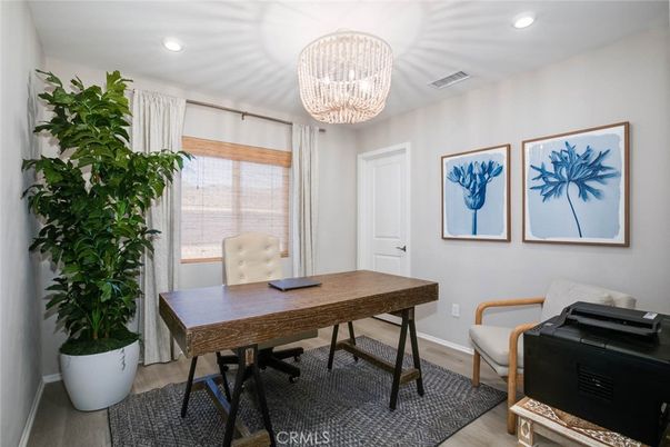 Chandelier, Home Office, Interior, Recessed Lighting, Wood Texture Flooring