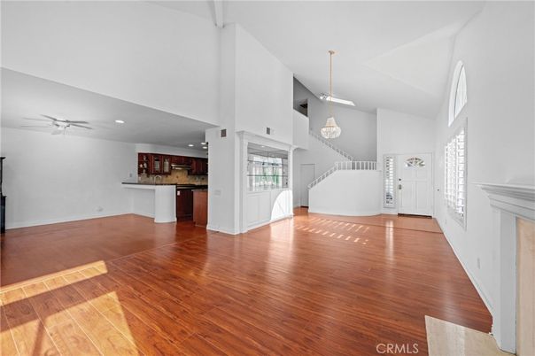 Empty room, Interior, Kitchen, Pendant Lights, Recessed Lighting, Wood Texture Flooring