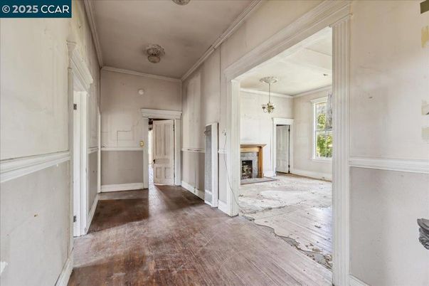 Empty room, Fireplace, Interior, Pendant Lights, Wood Texture Flooring