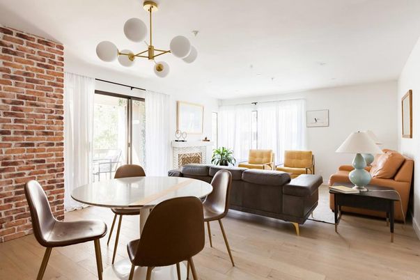 Dining room, Fireplace, Interior, Living room, Pendant Lights, Stone Walls, Wood Texture Flooring