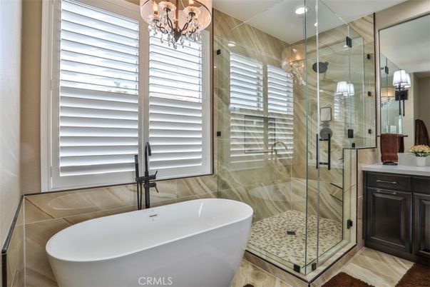 Bathroom, Chandelier, Free Standing Baths, Glass Shower, Interior, Recessed Lighting