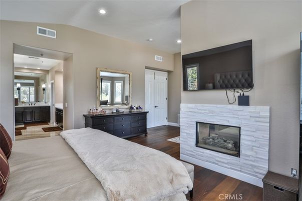 Bedroom, Fireplace, Interior, Recessed Lighting, Wood Texture Flooring