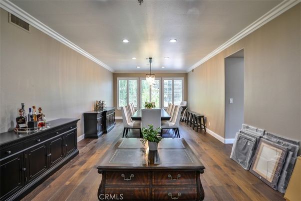 Dining room, Interior, Pendant Lights, Recessed Lighting, Wood Texture Flooring