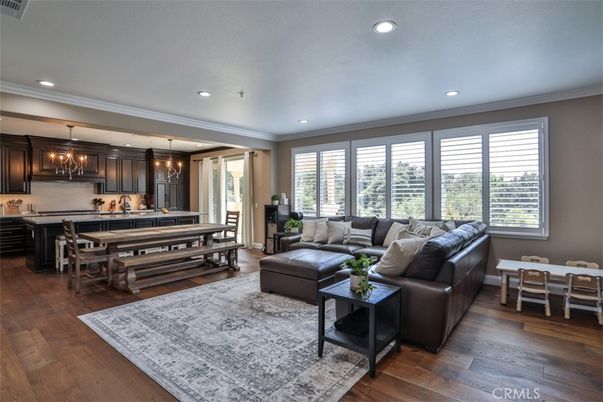 Chandelier, Dining room, Interior, Kitchen, Living room, Pendant Lights, Recessed Lighting, Wood Texture Flooring