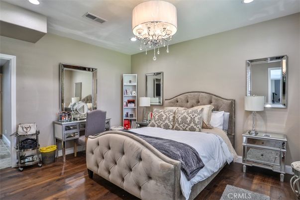 Bedroom, Chandelier, Interior, Recessed Lighting, Wood Texture Flooring