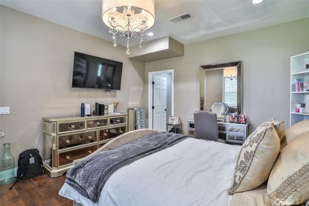 Bedroom, Chandelier, Interior, Recessed Lighting, Wood Texture Flooring