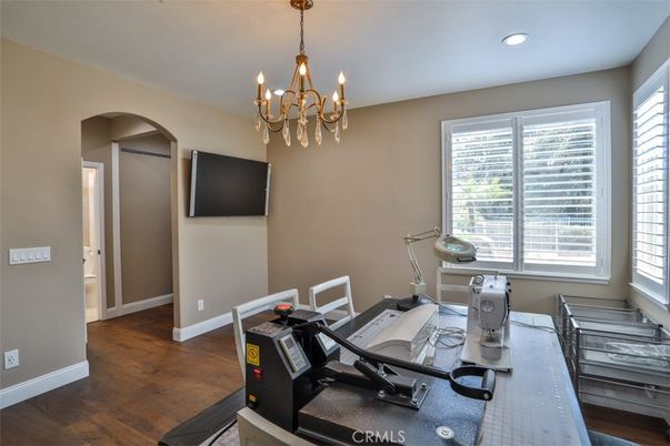 Chandelier, Home Office, Interior, Recessed Lighting, Wood Texture Flooring