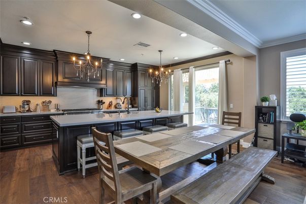 Chandelier, Dining room, Interior, Kitchen, Pendant Lights, Recessed Lighting, Wood Texture Flooring