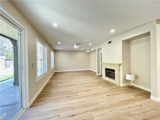 Empty room, Fireplace, Interior, Recessed Lighting, Wood Texture Flooring
