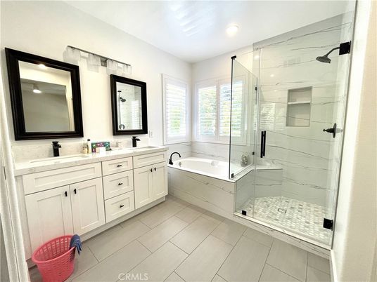 Bathroom, Dual Sink Vanities, Glass Shower, Interior, Recessed Lighting