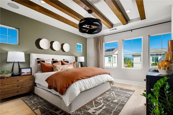 Bedroom, Interior, Pendant Lights, Recessed Lighting, Wooden Beams, Wood Texture Flooring