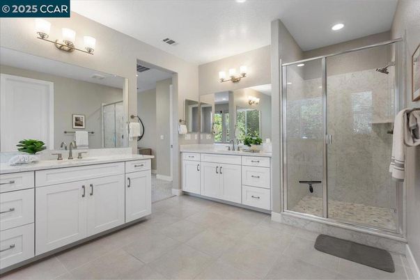 Bathroom, Dual Sink Vanities, Glass Shower, Interior, Recessed Lighting