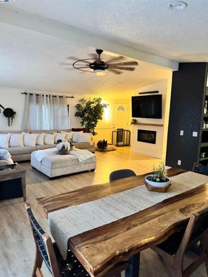 Dining room, Fireplace, Interior, Living room, Wood Texture Flooring