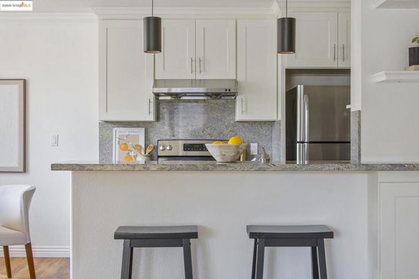 Interior, Kitchen, Pendant Lights, Stainless Steel Appliances, Wood Texture Flooring