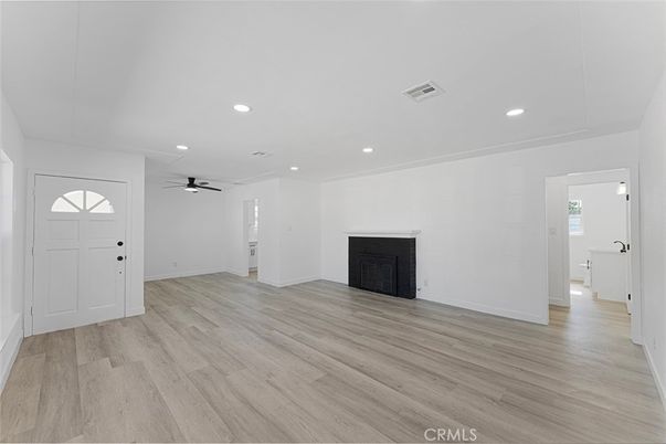 Empty room, Fireplace, Interior, Recessed Lighting, Wood Texture Flooring