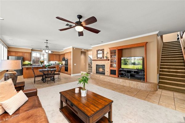 Dining room, Fireplace, Interior, Kitchen, Living room, Pendant Lights, Recessed Lighting, Stainless Steel Appliances