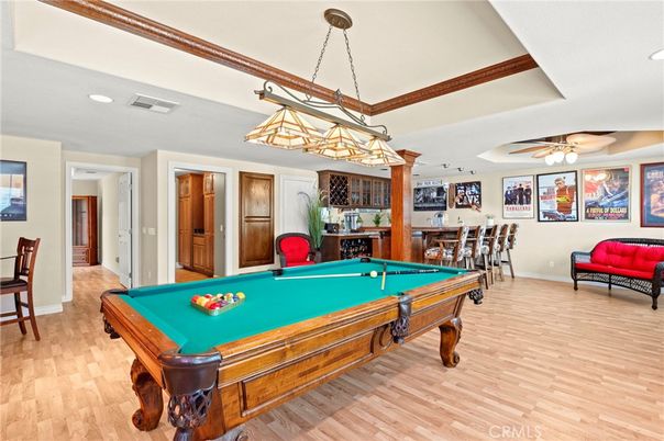 Billiard Table, Chandelier, Game Room, Interior, Pendant Lights, Recessed Lighting, Wood Texture Flooring