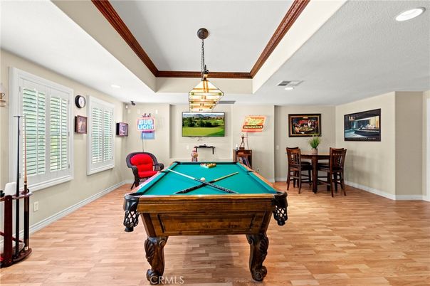 Billiard Table, Game Room, Interior, Pendant Lights, Recessed Lighting, Wood Texture Flooring