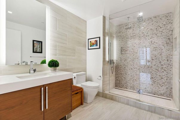 Bathroom, Glass Shower, Interior, Recessed Lighting, Wood Texture Flooring
