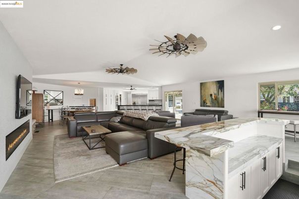 Dining room, Fireplace, Interior, Kitchen, Living room, Recessed Lighting