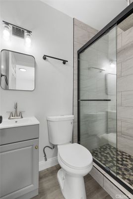 Bathroom, Glass Shower, Interior, Wood Texture Flooring