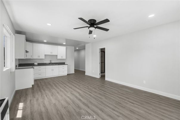 Empty room, Interior, Kitchen, Recessed Lighting, Wood Texture Flooring
