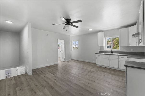 Empty room, Interior, Kitchen, Recessed Lighting, Wood Texture Flooring