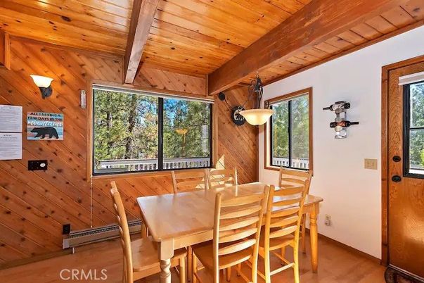 Dining room, Interior, Pendant Lights, Wooden Beams, Wooden Ceilings, Wood Texture Flooring, Wooden Walls