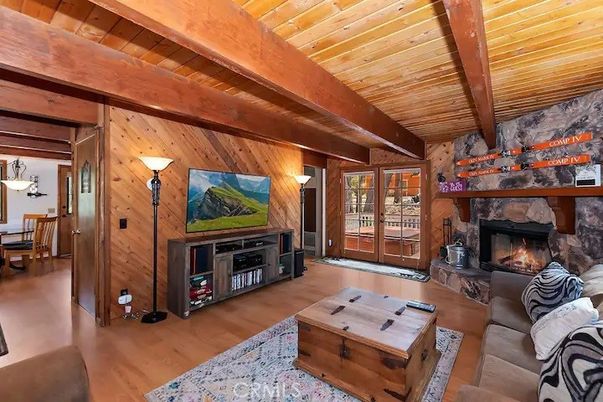 Chandelier, Dining room, Fireplace, Interior, Living room, Wooden Beams, Wooden Ceilings, Wood Texture Flooring, Wooden Walls