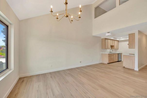 Chandelier, Empty room, Interior, Kitchen, Recessed Lighting, Wood Texture Flooring