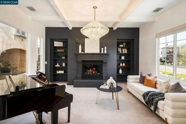 Chandelier, Fireplace, Interior, Living room, Piano