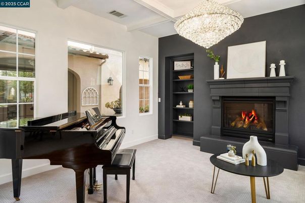 Chandelier, Fireplace, Interior, Piano