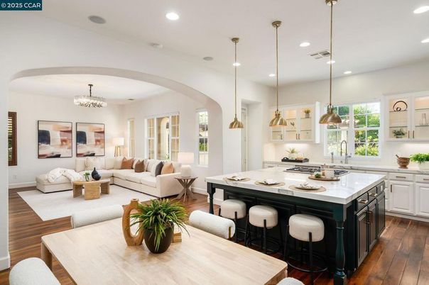 Chandelier, Dining room, Interior, Kitchen, Living room, Pendant Lights, Recessed Lighting, Wood Texture Flooring
