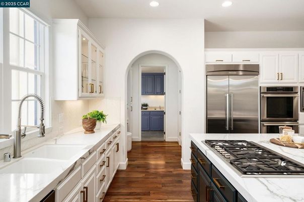 Interior, Kitchen, Recessed Lighting, Stainless Steel Appliances, Wood Texture Flooring