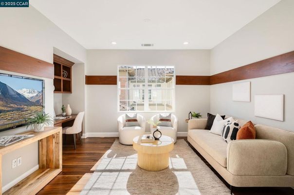 Home Office, Interior, Living room, Recessed Lighting, Wood Texture Flooring