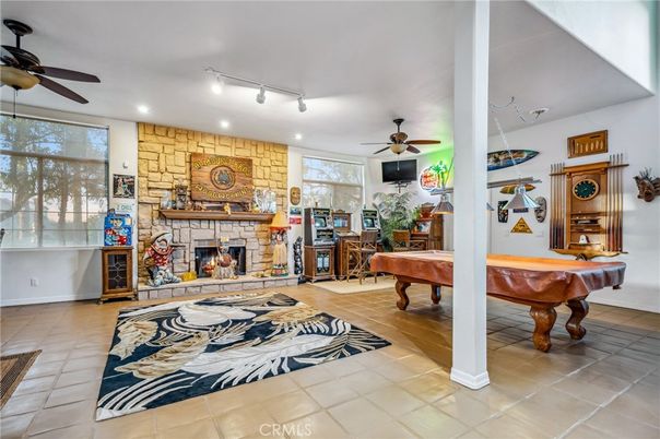Billiard Table, Fireplace, Game Room, Interior, Recessed Lighting, Stone Walls