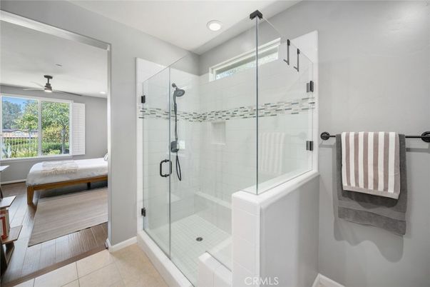 Bathroom, Bedroom, Glass Shower, Interior, Recessed Lighting, Wood Texture Flooring