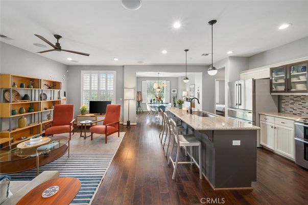 Dining room, Interior, Kitchen, Living room, Pendant Lights, Recessed Lighting, Stainless Steel Appliances, Wood Texture Flooring