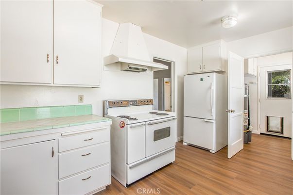 Interior, Kitchen, Tile Countertops, Wood Texture Flooring