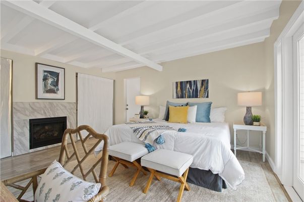 Bedroom, Fireplace, Interior, Wood Texture Flooring