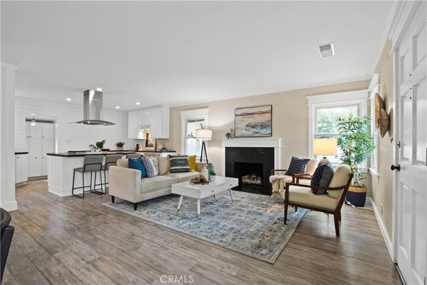Fireplace, Interior, Kitchen, Living room, Pendant Lights, Recessed Lighting, Wood Texture Flooring