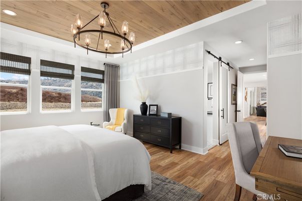 Bedroom, Chandelier, Interior, Recessed Lighting, Wooden Ceilings, Wood Texture Flooring