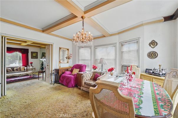 Chandelier, Dining room, Interior, Living room, Wooden Beams
