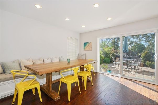 Dining room, Interior, Recessed Lighting, Wood Texture Flooring