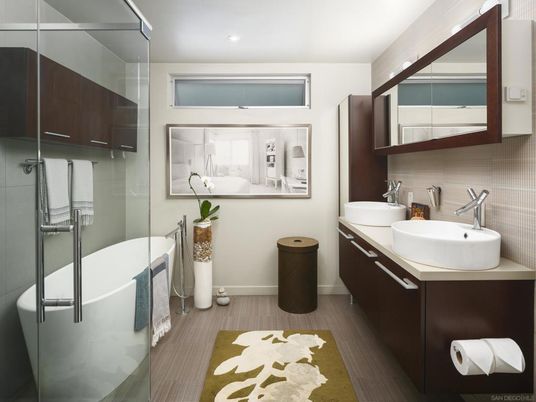 Bathroom, Glass Shower, Interior, Recessed Lighting, Wood Texture Flooring